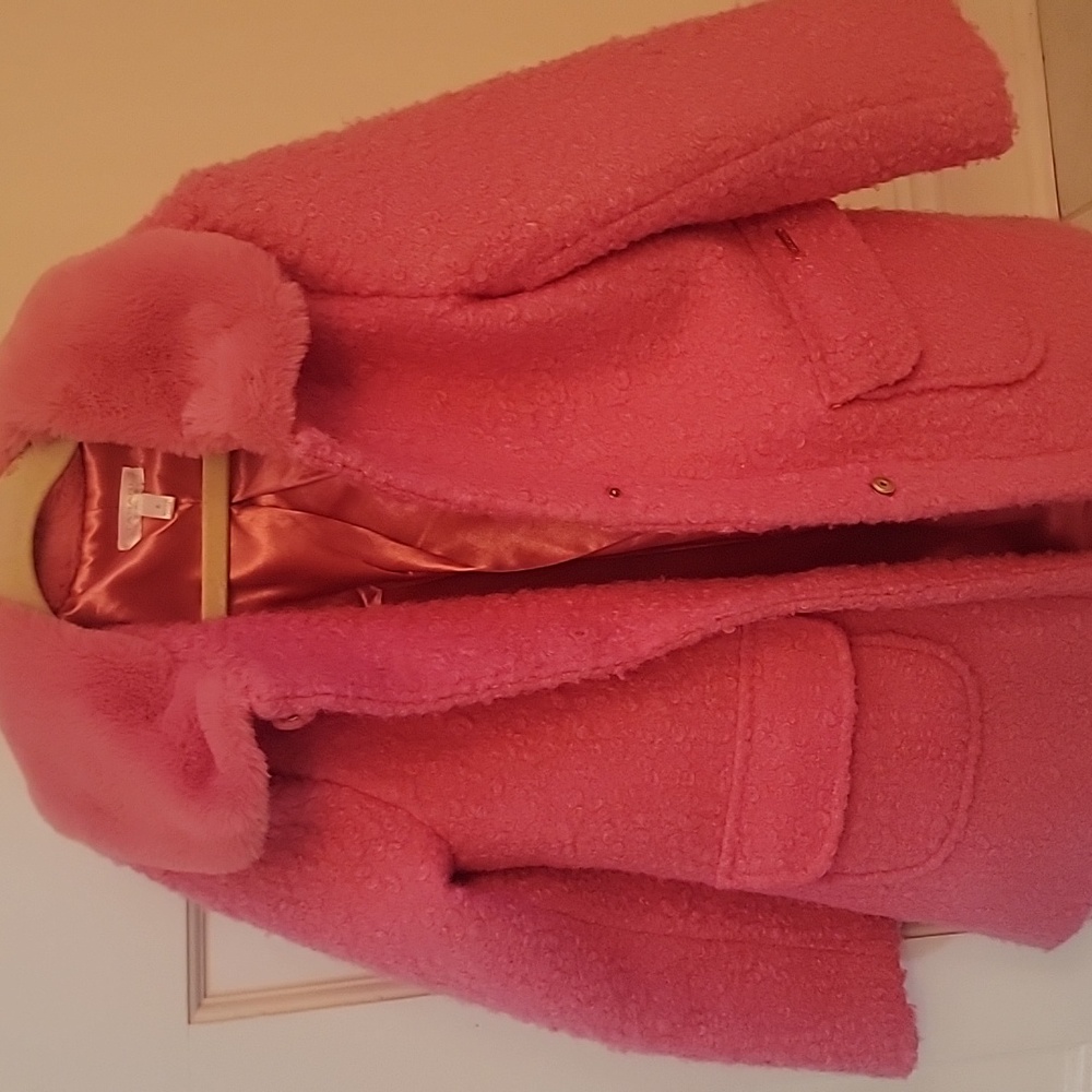 Tahari Girl Pink Satin Coat with Faux Fur